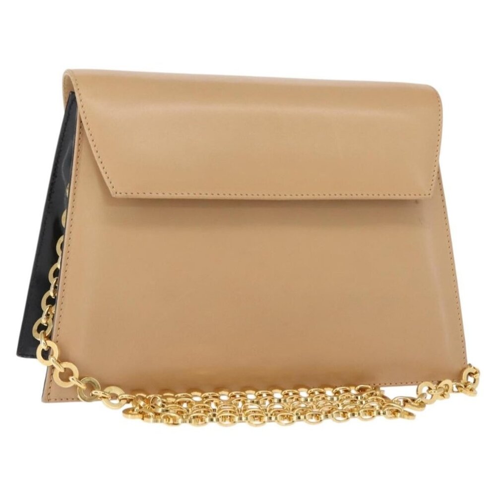 Authentic Salvatore Ferragamo Chain Shoulder Bag Leather Beige Gold